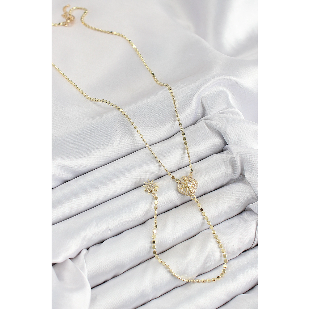 Pirinç Zirkon Taşlı Ezme Zincirli Madalyon Model Gold Renk Y Kolye