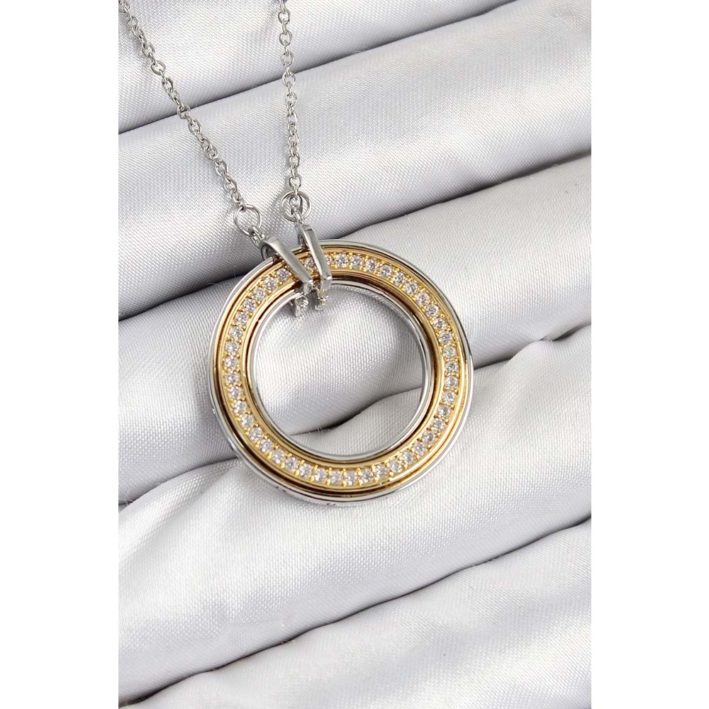 316L Çelik Zirkon Taşlı Dönen Daire Model Gold Ve Gümüş Renk Kadın Kolye