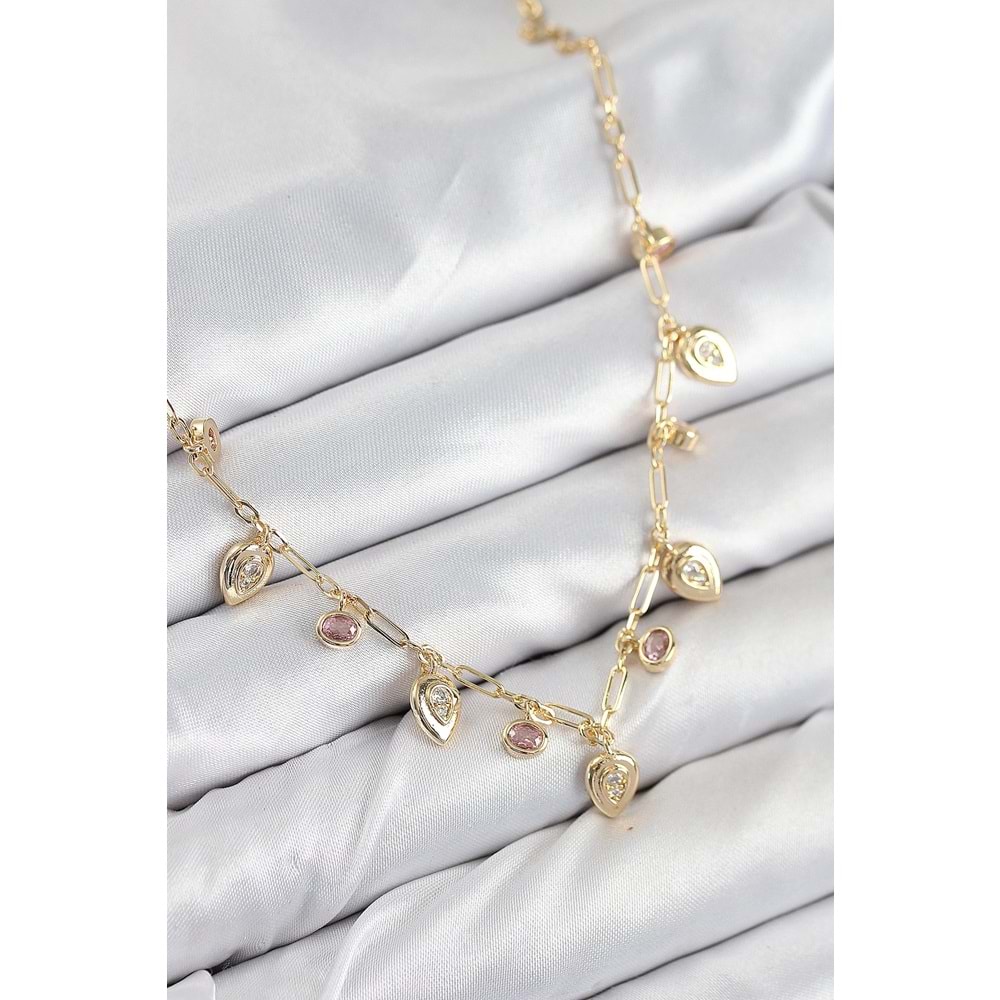 Pirinç Zirkon Taşlı Sallantılı Damla Model Gold Renk Kadın Kolye