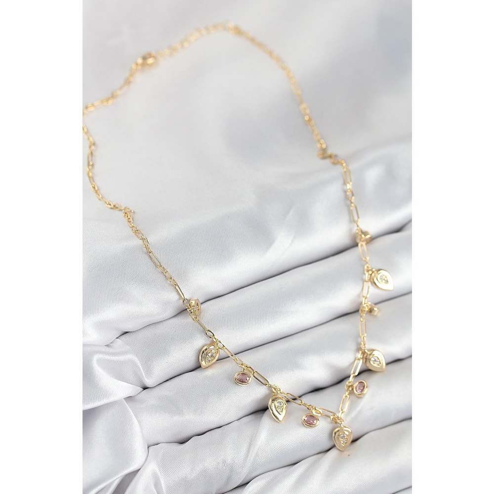 Pirinç Zirkon Taşlı Sallantılı Damla Model Gold Renk Kadın Kolye