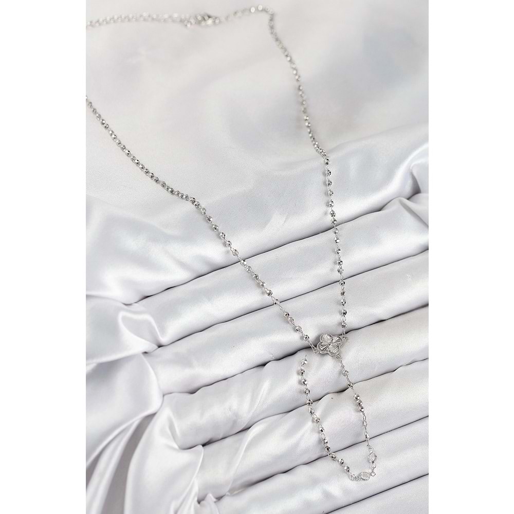 Pirinç Zirkon Taşlı Yonca Model Gümüş Renk Kadın Y Kolye