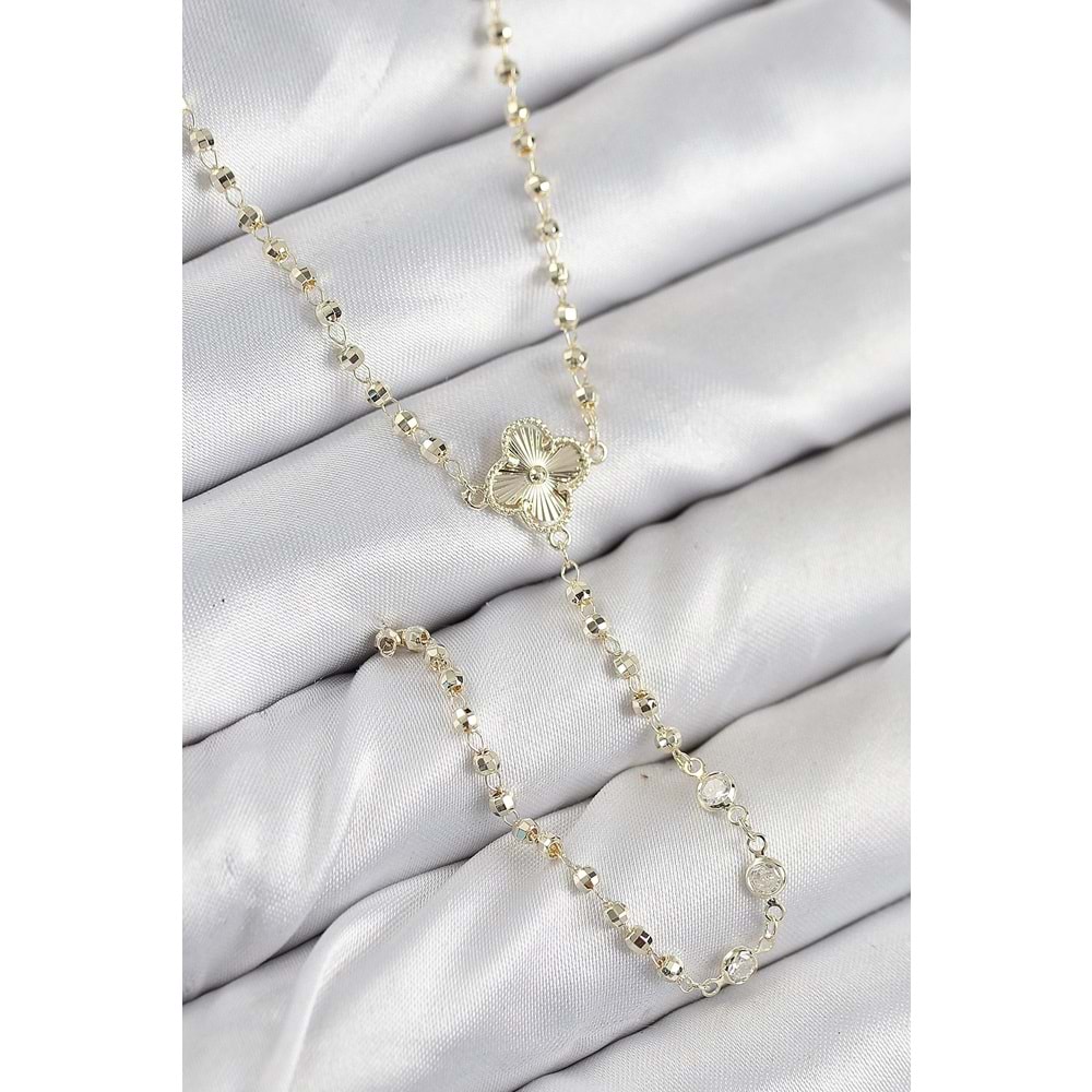 Pirinç Zirkon Taşlı Yonca Model Gold Renk Kadın Y Kolye