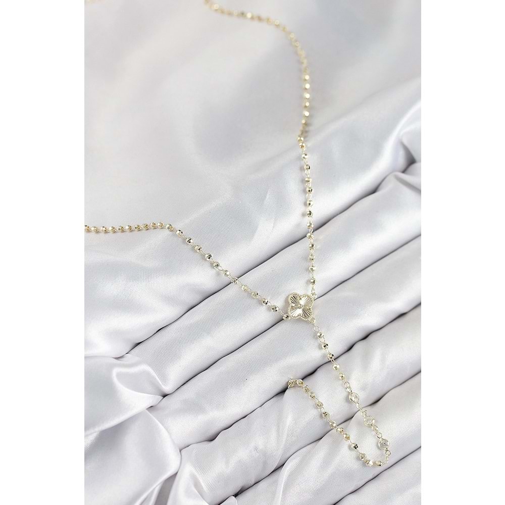 Pirinç Zirkon Taşlı Yonca Model Gold Renk Kadın Y Kolye