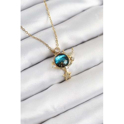 316L Çelik Zirkon Taşlı Gezegen Model Gold Renk Kadın Kolye