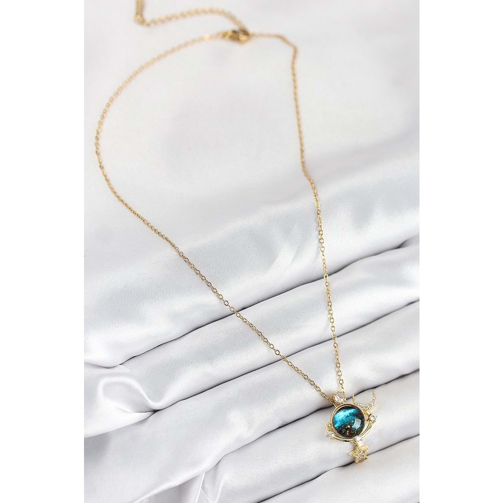 316L Çelik Zirkon Taşlı Gezegen Model Gold Renk Kadın Kolye