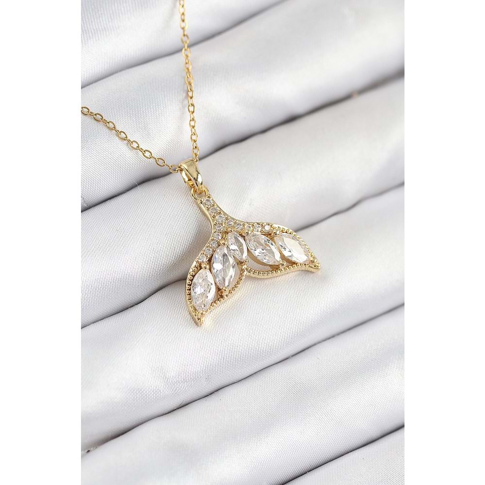 316L Çelik Zirkon Taşlı Balık Kuyruğu Model Gold Renk Kadın Kolye