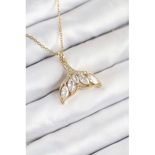 316L Çelik Zirkon Taşlı Balık Kuyruğu Model Gold Renk Kadın Kolye