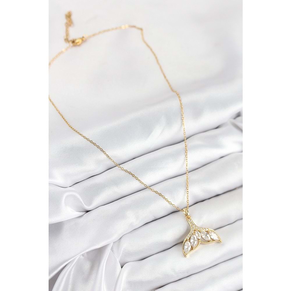 316L Çelik Zirkon Taşlı Balık Kuyruğu Model Gold Renk Kadın Kolye