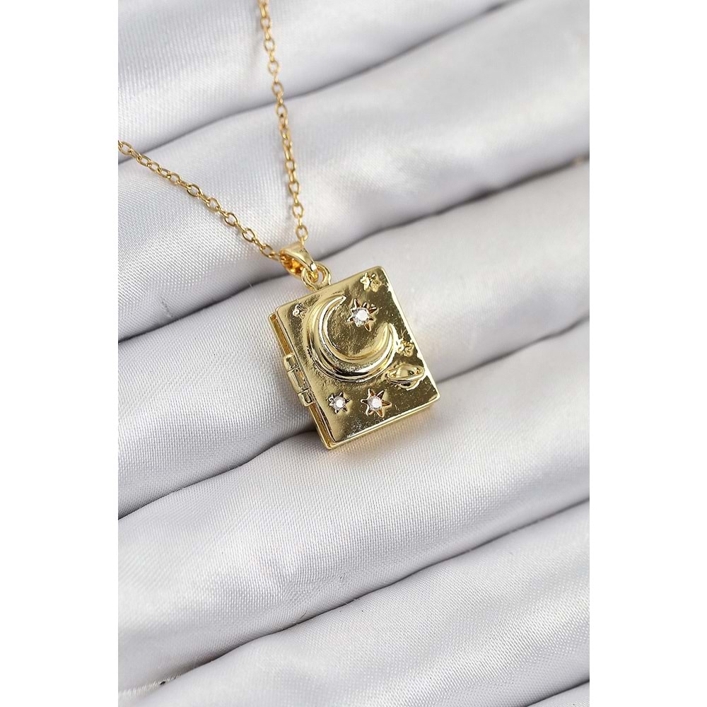 316L Çelik Zirkon Taşlı Açılabilr Kapaklı Kitap Model Gold Renk Kadın Kolye