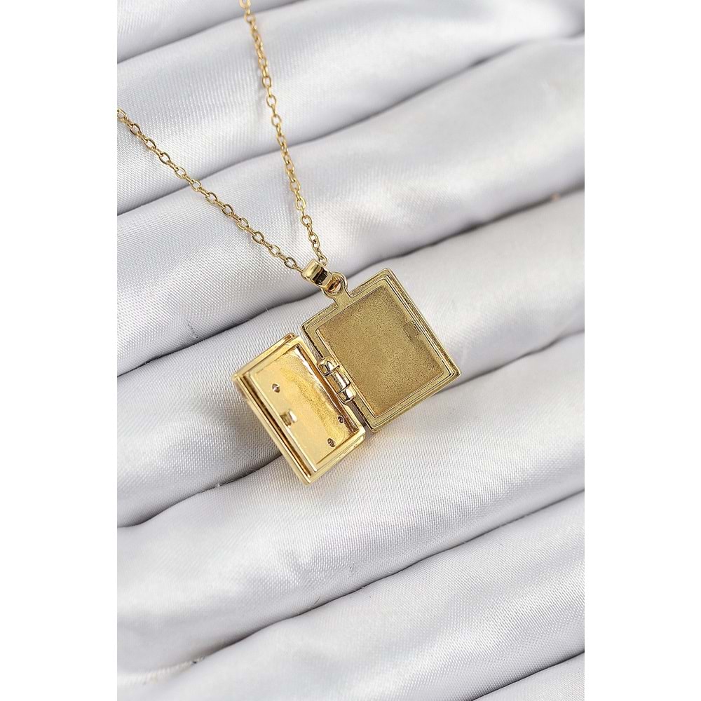 316L Çelik Zirkon Taşlı Açılabilr Kapaklı Kitap Model Gold Renk Kadın Kolye