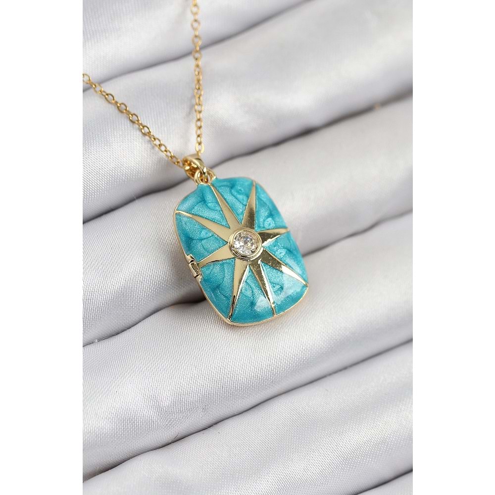 316L Çelik Zirkon Taşlı Açılabilr Kapaklı Kutup Yıldzı Model Gold Renk Kadın Kolye