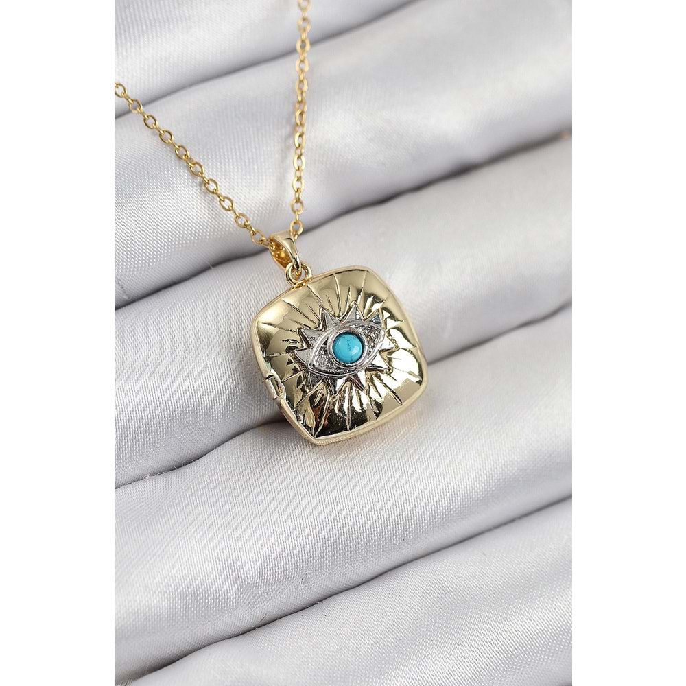 316L Çelik Zirkon Taşlı Açılabilr Kapaklı Göz Model Gold Renk Kadın Kolye