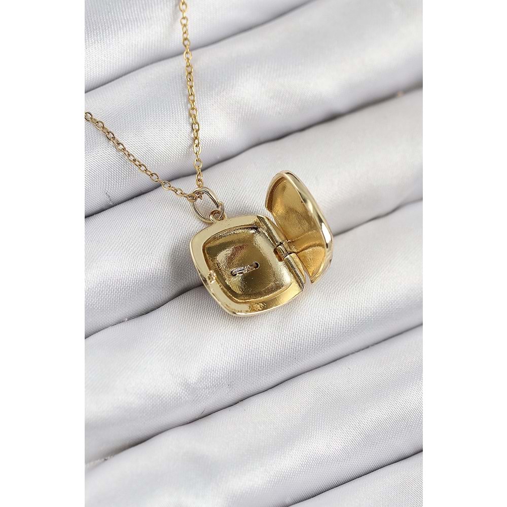316L Çelik Zirkon Taşlı Açılabilr Kapaklı Göz Model Gold Renk Kadın Kolye