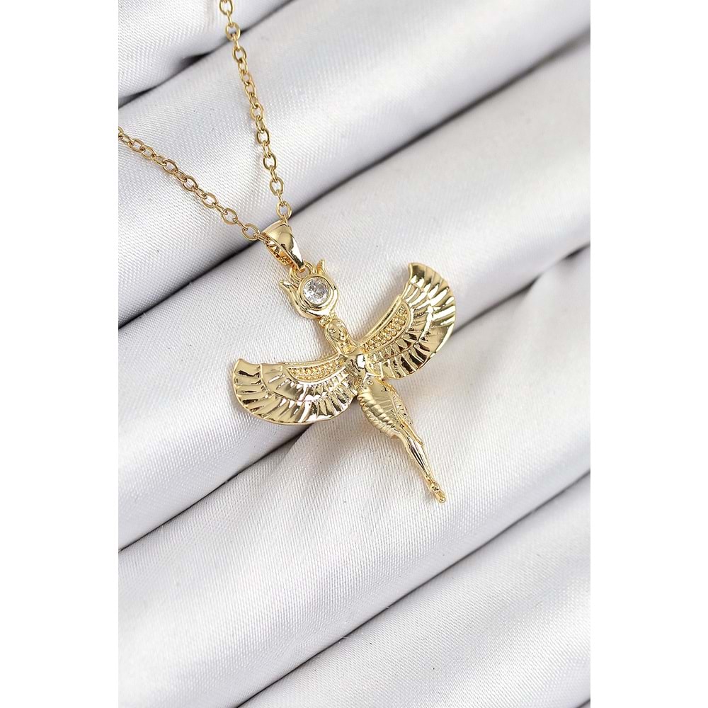 316L Çelik Zirkon Taşlı Melek Model Gold Renk Kadın Kolye