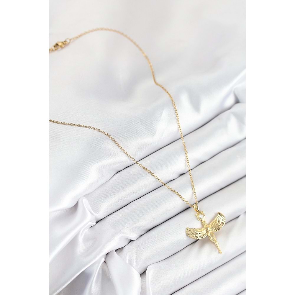 316L Çelik Zirkon Taşlı Melek Model Gold Renk Kadın Kolye