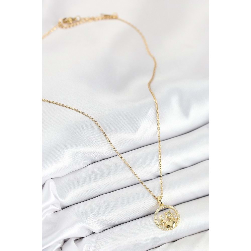 316L Çelik Zirkon Taşlı Yıldız Ve Kalp Model Gold Renk Kadın Kolye