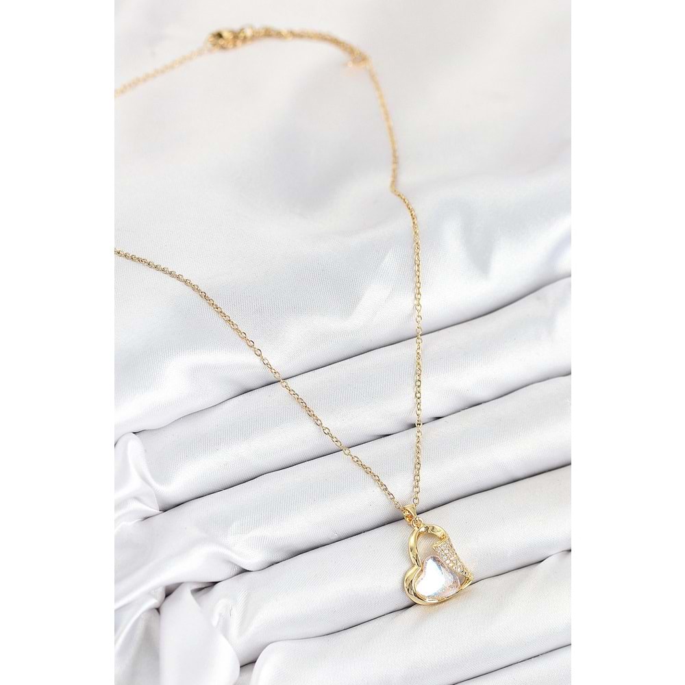 316L Çelik Zirkon Taşlı Kalp Model Gold Renk Kadın Kolye