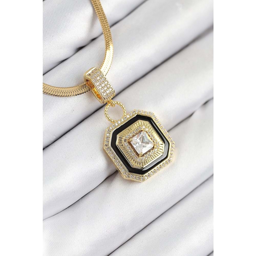 316L Çelik Zirkon Taşlı Siyah Detaylı Baget Model Gold Renk Kadın Kolye