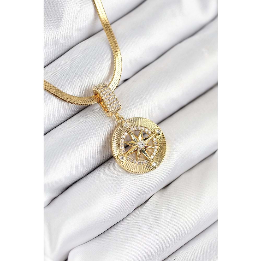 316L Çelik Zirkon Taşlı Pusula Model Gold Renk Kadın Kolye