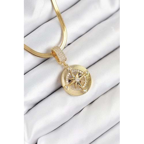 316L Çelik Zirkon Taşlı Pusula Model Gold Renk Kadın Kolye