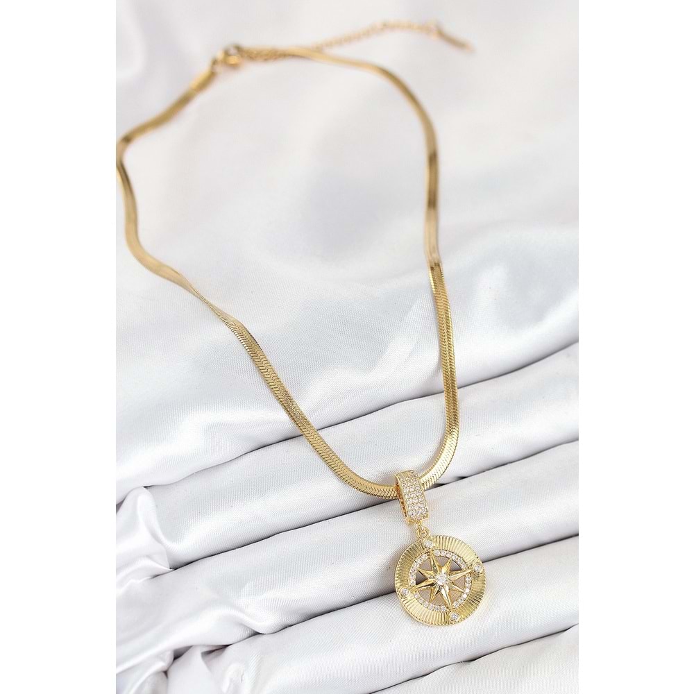 316L Çelik Zirkon Taşlı Pusula Model Gold Renk Kadın Kolye