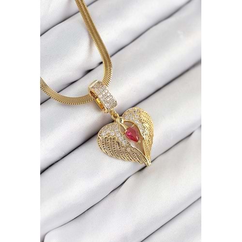 316L Çelik Zirkon Taşlı Kanatlı Kalp Model Gold Renk Kadın Kolye