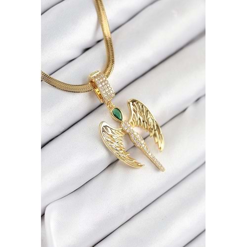 316L Çelik Zirkon Taşlı Melek Model Gold Renk Kadın Kolye