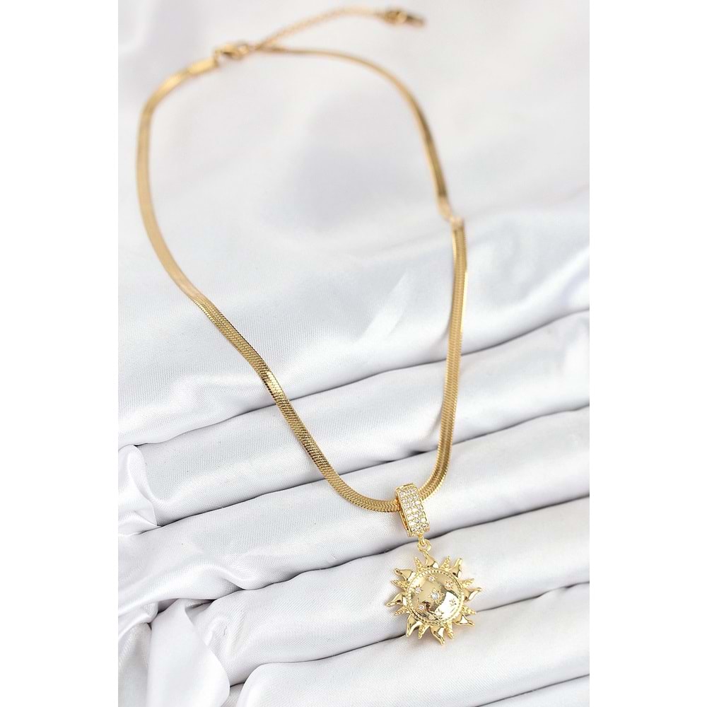316L Çelik Zirkon Taşlı Güneş Model Gold Renk Kadın Kolye