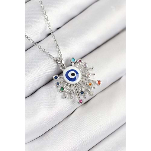 316L Çelik Zirkon Taşlı Nazar Model Gümüş Renk Kadın Kolye
