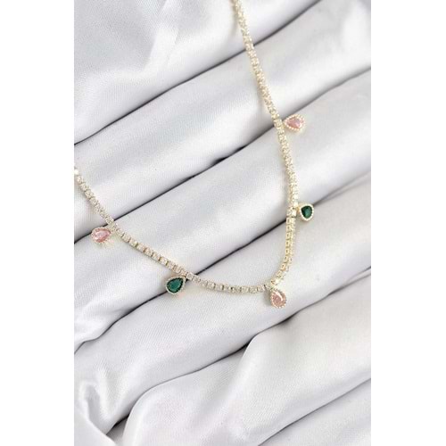 Pirinç Zirkon Taşlı Su Yolu Damla Model Gold Renk Kadın Kolye