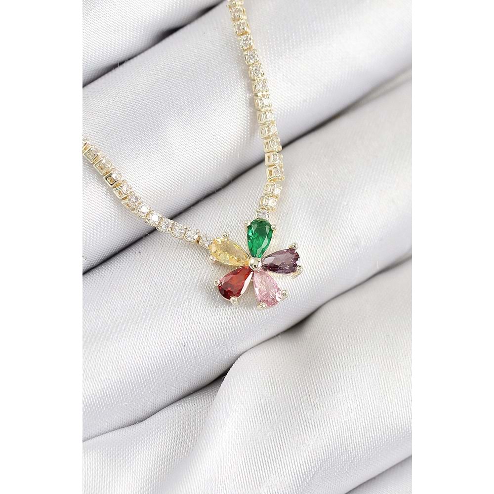 Pirinç Zirkon Taşlı Su Yolu Asorti Çiçek Model Gold Renk Kadın Kolye