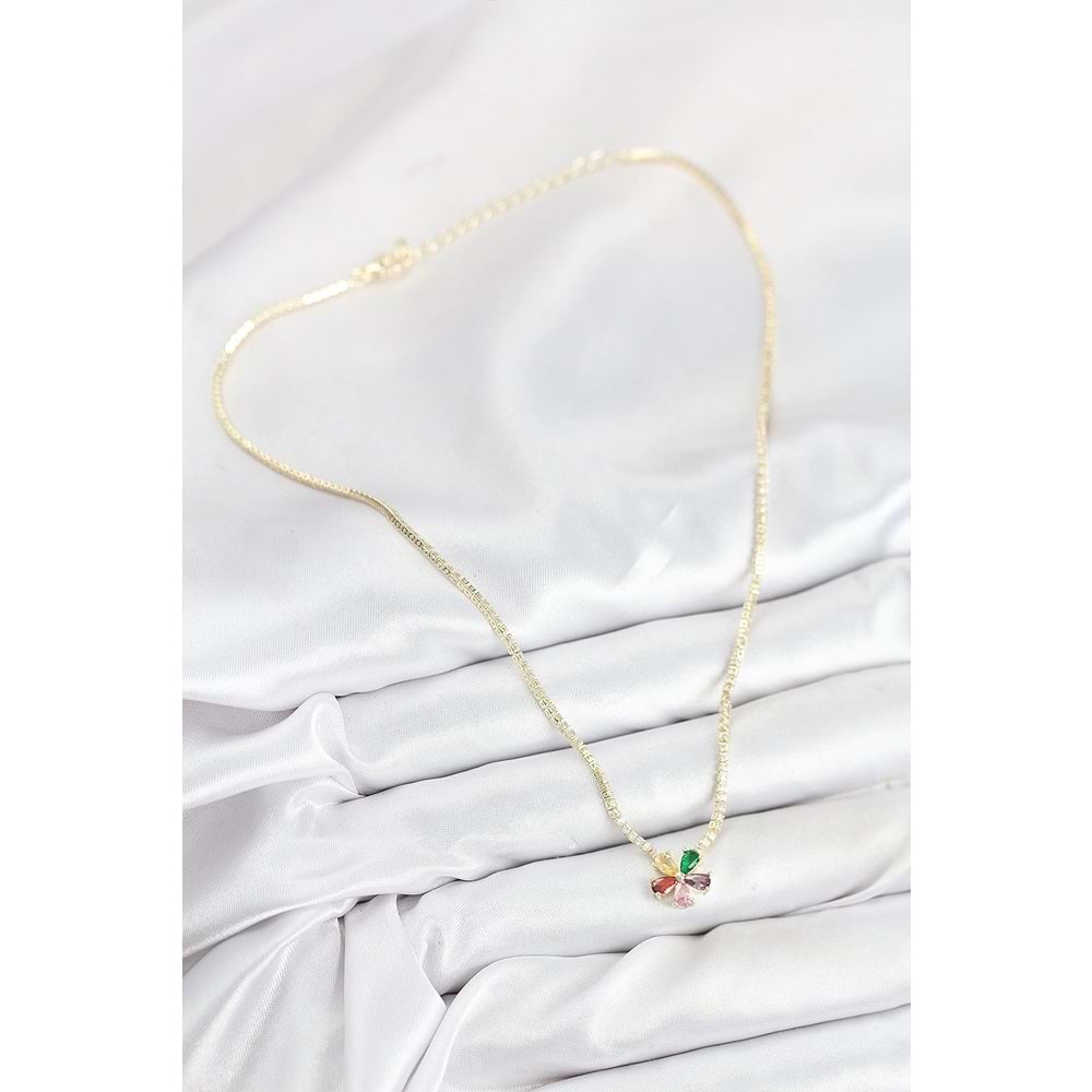 Pirinç Zirkon Taşlı Su Yolu Asorti Çiçek Model Gold Renk Kadın Kolye