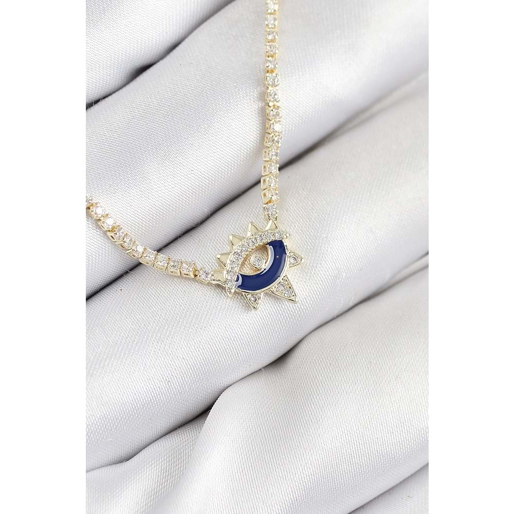 Pirinç Zirkon Taşlı Su Yolu Göz Model Gold Renk Kadın Kolye