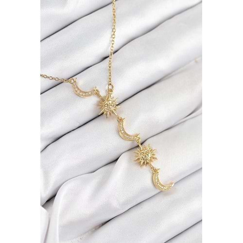 316L Çelik Zirkon Taşlı Güneş Ve Ay Model Gold Renk Kadın Kolye