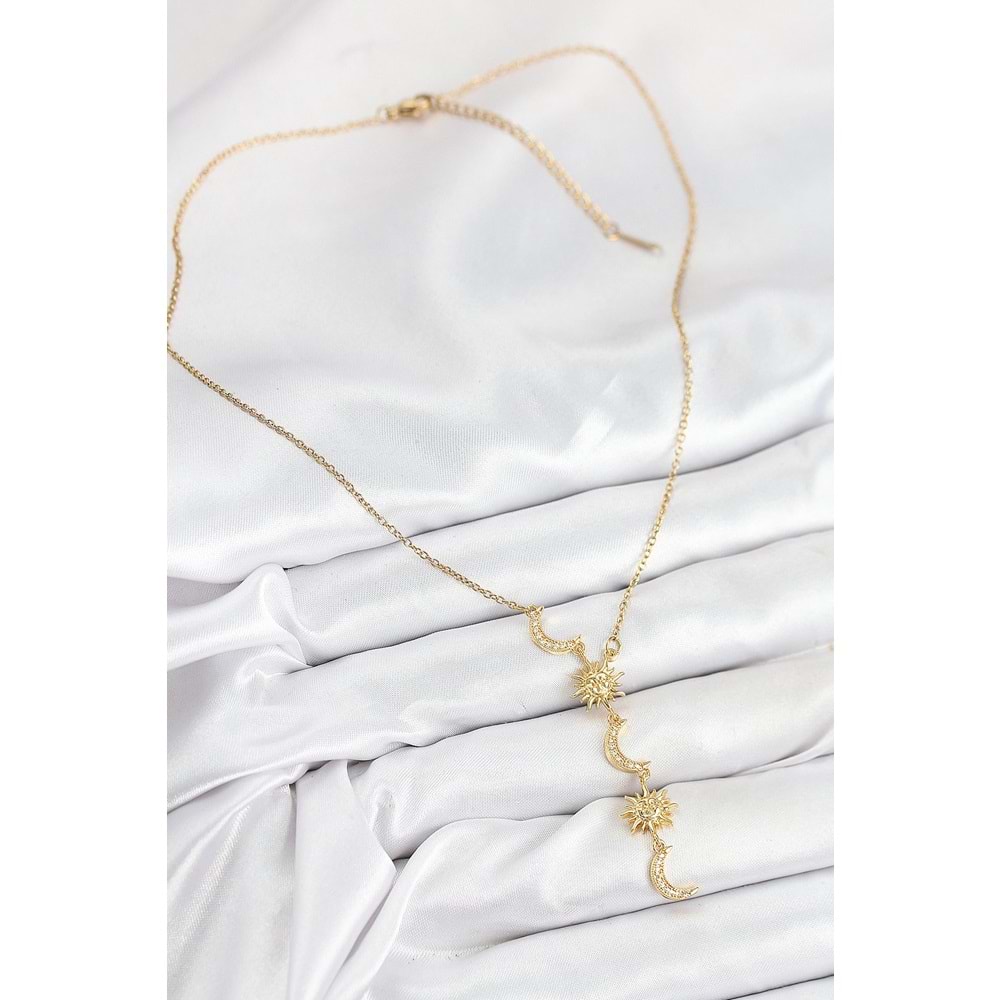 316L Çelik Zirkon Taşlı Güneş Ve Ay Model Gold Renk Kadın Kolye