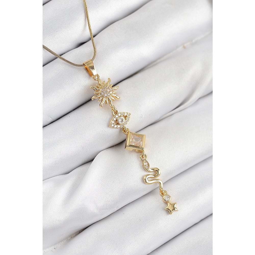 316L Çelik Zirkon Taşlı Güneş Ve Ay Enerji Model Gold Renk Kadın Kolye