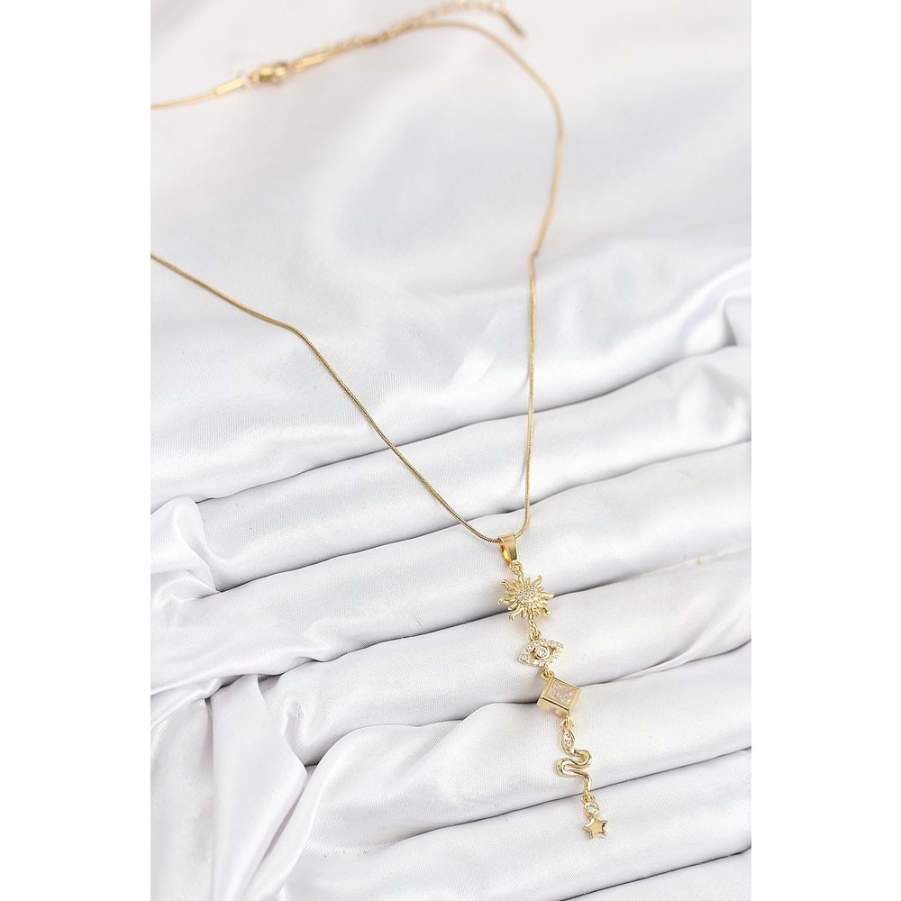 316L Çelik Zirkon Taşlı Güneş Ve Ay Enerji Model Gold Renk Kadın Kolye