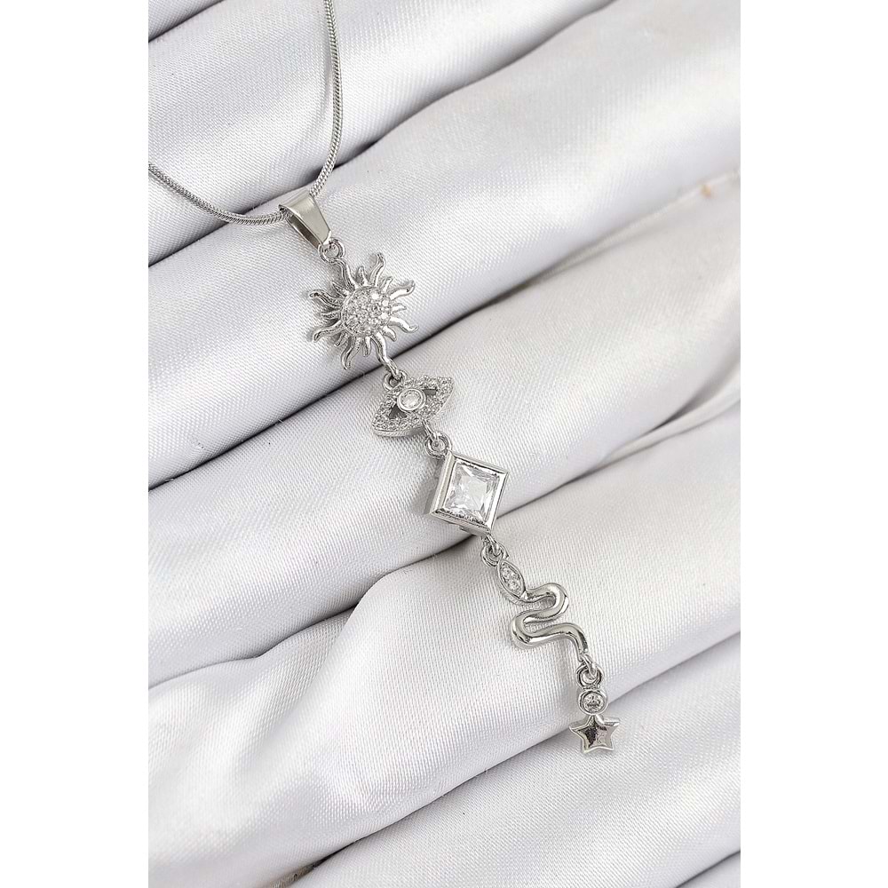 316L Çelik Zirkon Taşlı Güneş Ve Ay Enerji Model Gümüş Renk Kadın Kolye