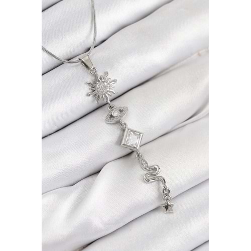 316L Çelik Zirkon Taşlı Güneş Ve Ay Enerji Model Gümüş Renk Kadın Kolye