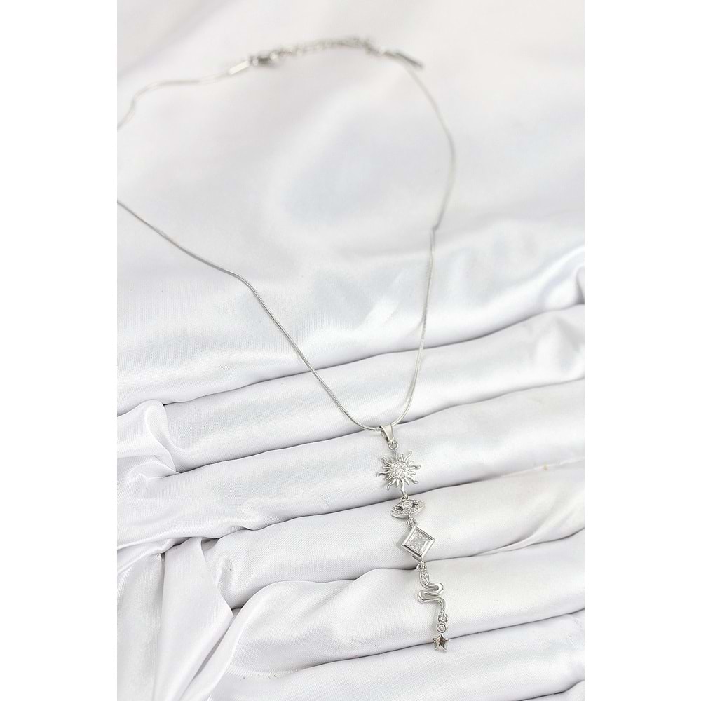 316L Çelik Zirkon Taşlı Güneş Ve Ay Enerji Model Gümüş Renk Kadın Kolye