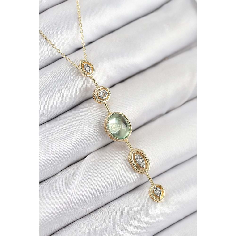 Pirinç Zincir Yeşil Gold Renk Zirkon Taşlı Y Kolye