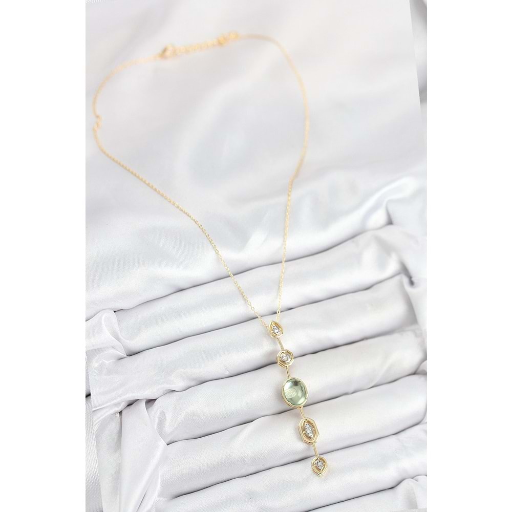 Pirinç Zincir Yeşil Gold Renk Zirkon Taşlı Y Kolye