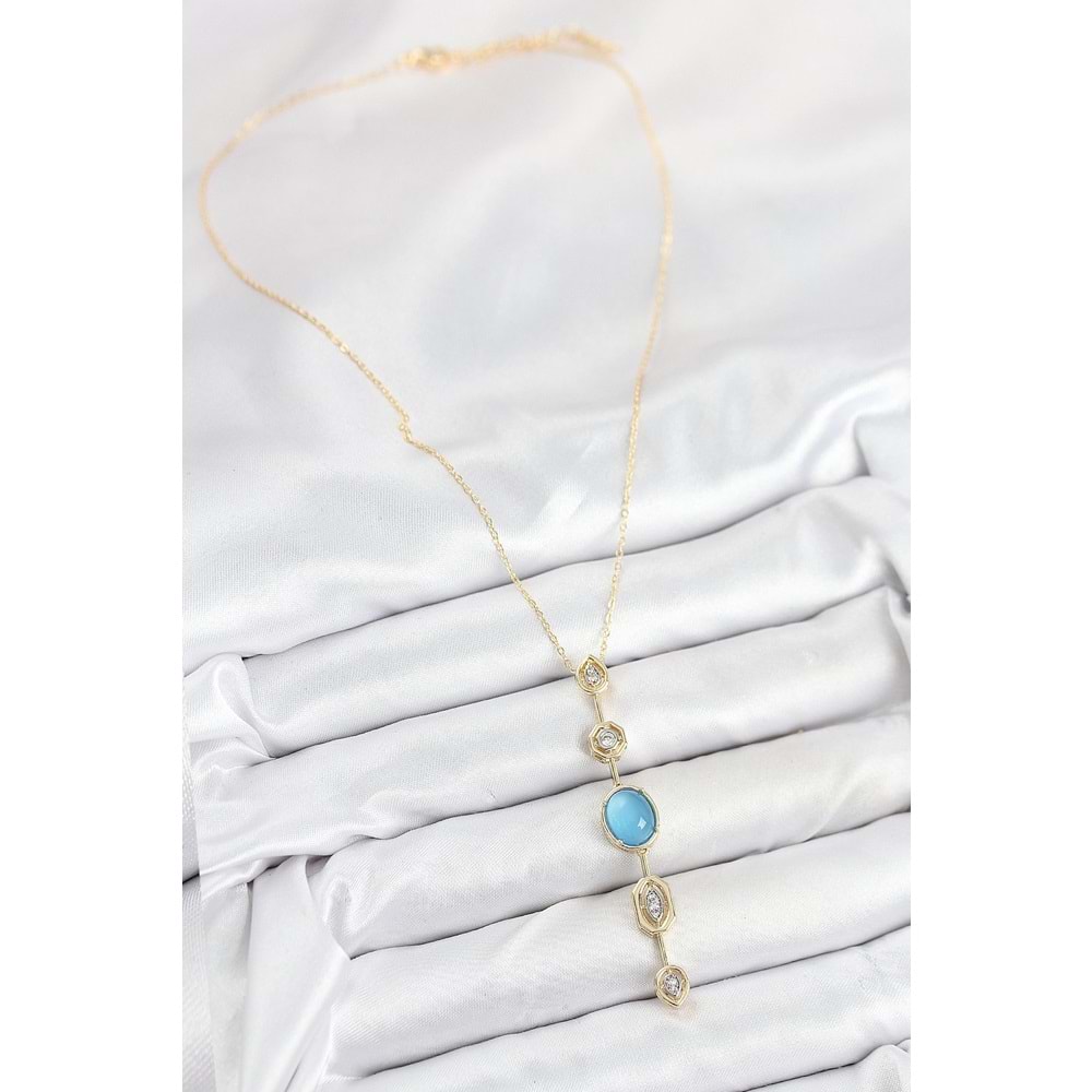Pirinç Zincir Mavi Gold Renk Zirkon Taşlı Y Kolye