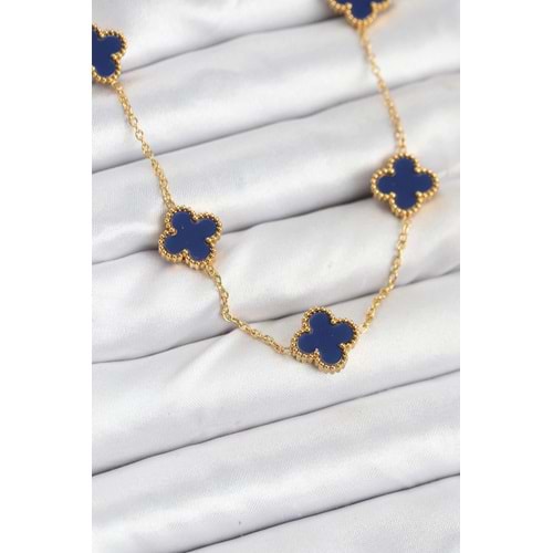 316L Çelik Zincir Gold Renk Lacivert Yonca Kadın Kolye