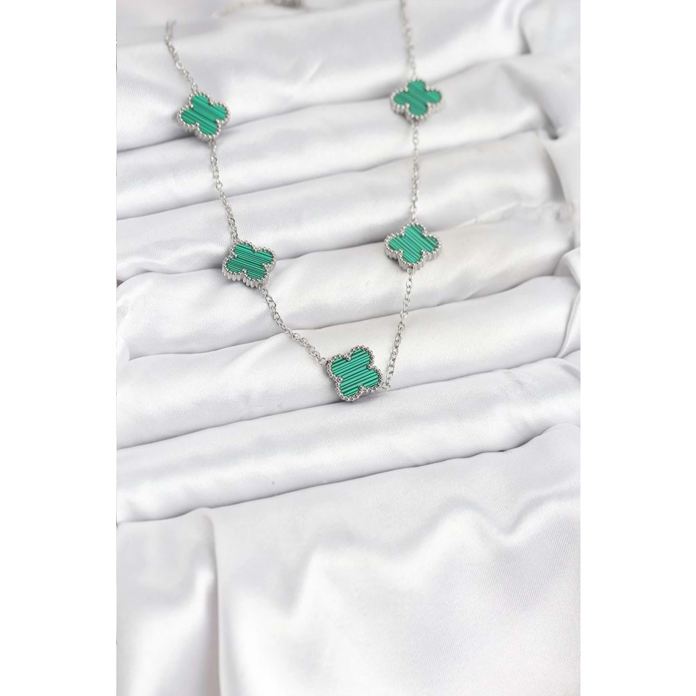 316L Çelik Zincir Gümüş Renk Yeşil Yonca Kadın Kolye