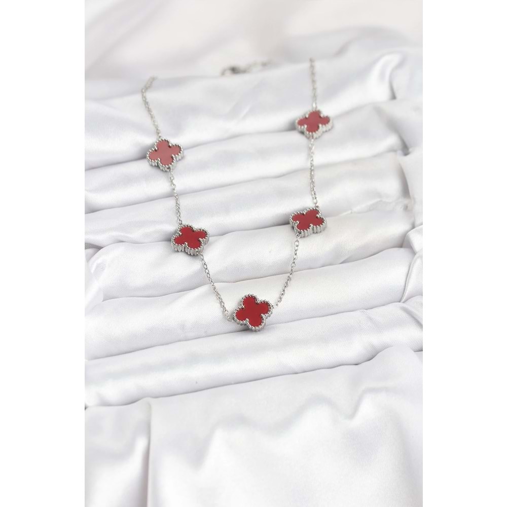 316L Çelik Zincir Gümüş Renk Bordo Renk Yonca Kadın Kolye