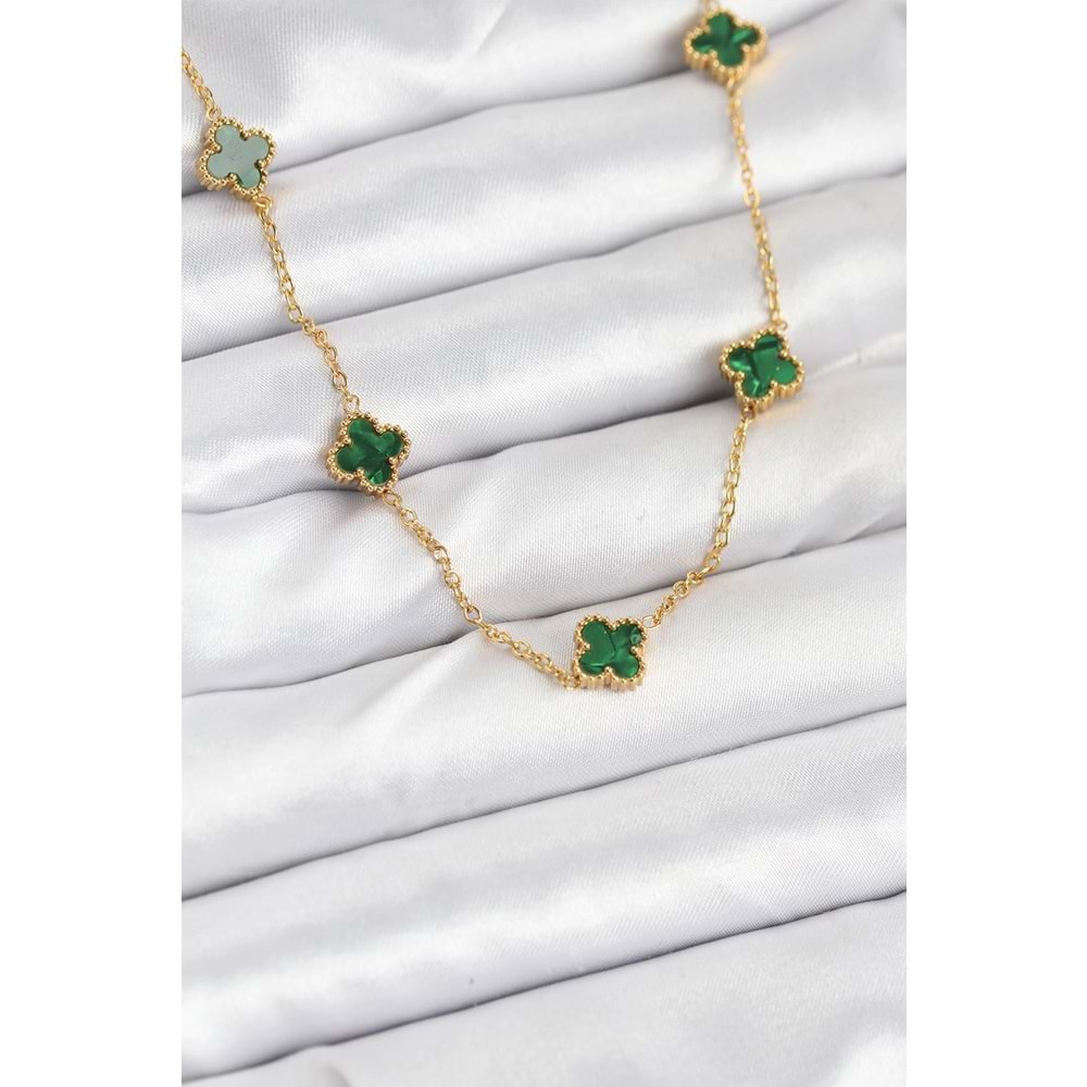 316L Çelik Zincir Gold Renk Yeşil Baby Boy Yonca Kadın Kolye