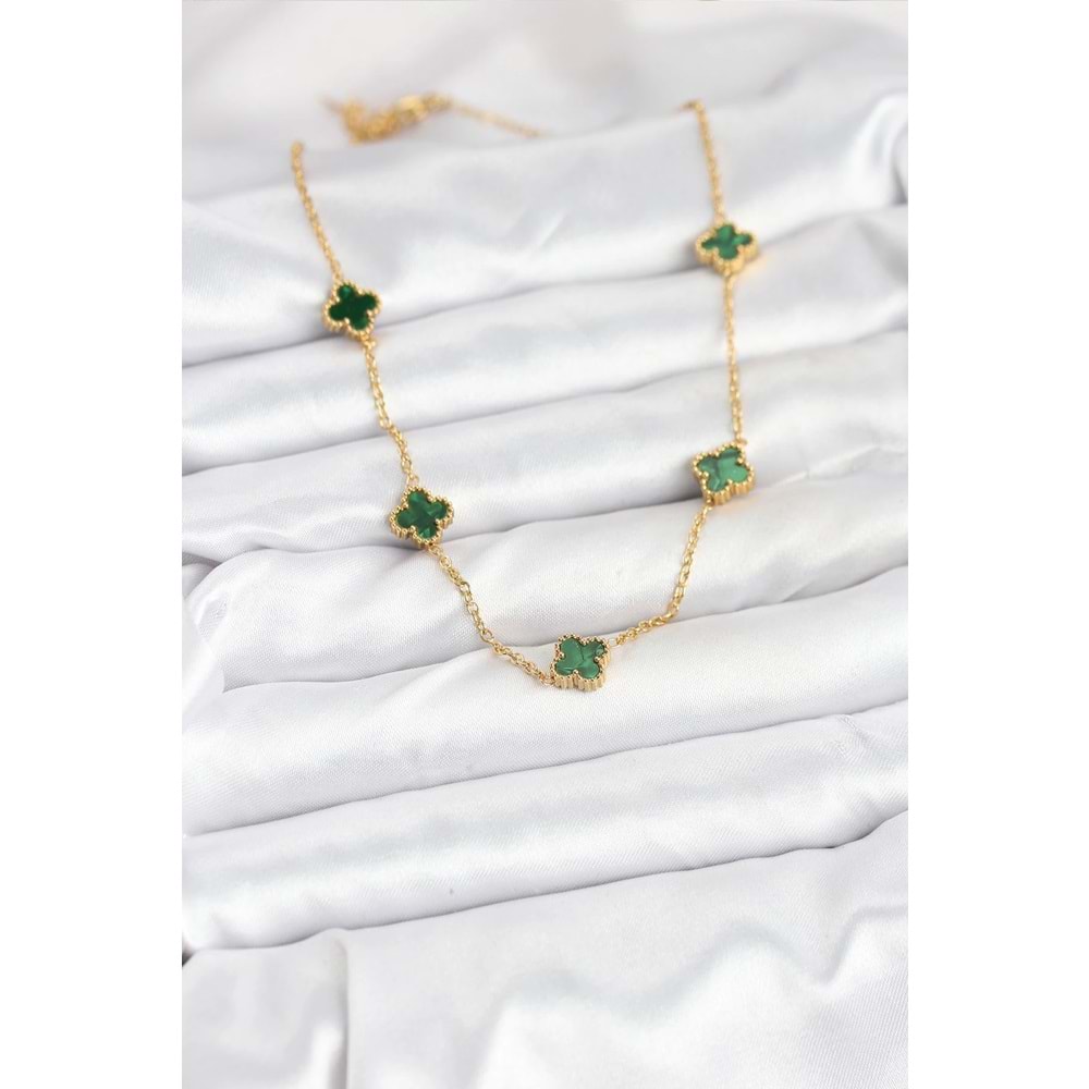 316L Çelik Zincir Gold Renk Yeşil Baby Boy Yonca Kadın Kolye