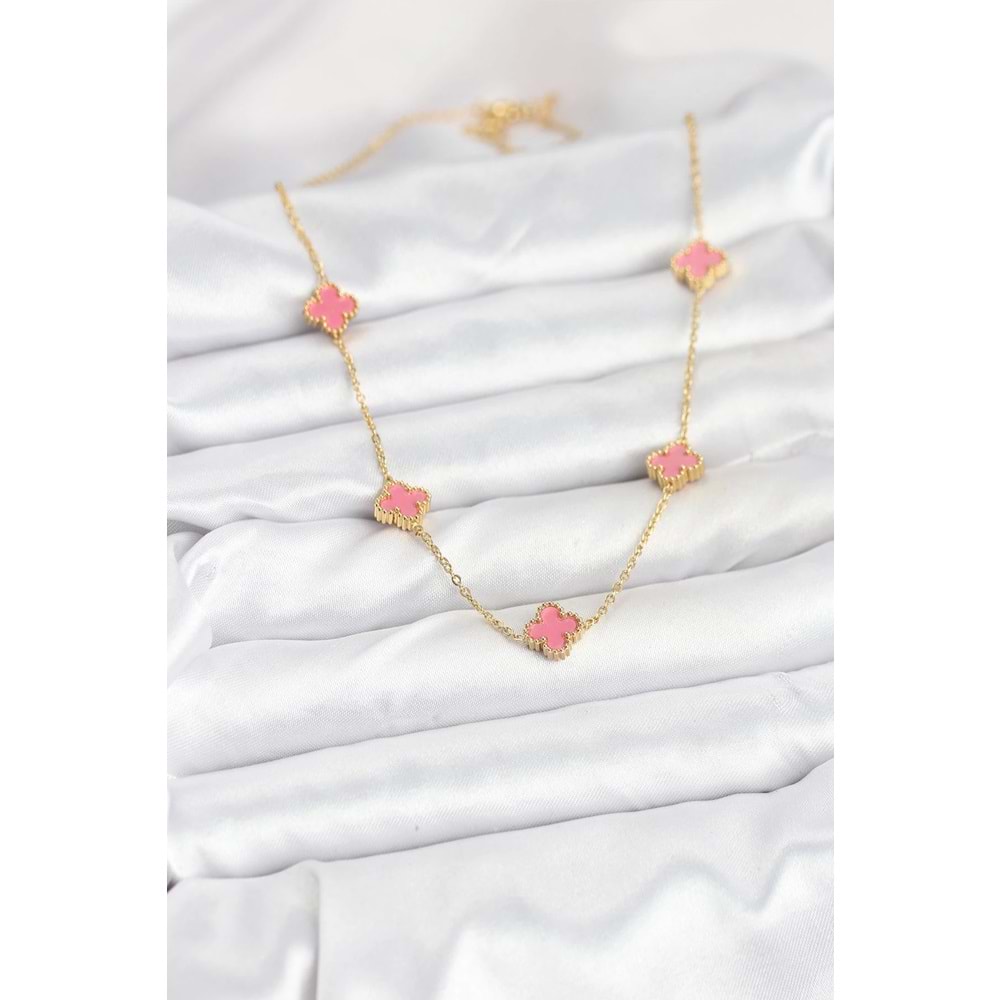 316L Çelik Zincir Gold Renk Pembe Baby Boy Yonca Kadın Kolye