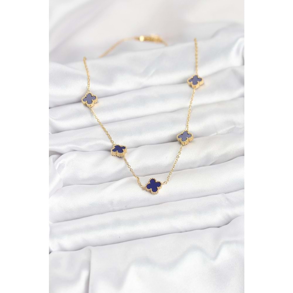 316L Çelik Zincir Gold Renk Lacivert Baby Boy Yonca Kadın Kolye